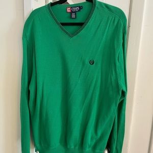 Kelly Green V-Neck Chaps Long Sleeve Sweater with Navy Blue Trim & Logo